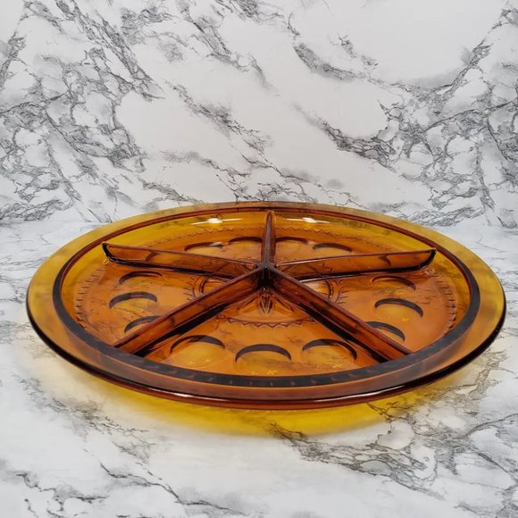Rare 14" Indiana Amber Kings Crown Thumbprint Serving Tray Vintage - Picture 6 of 6